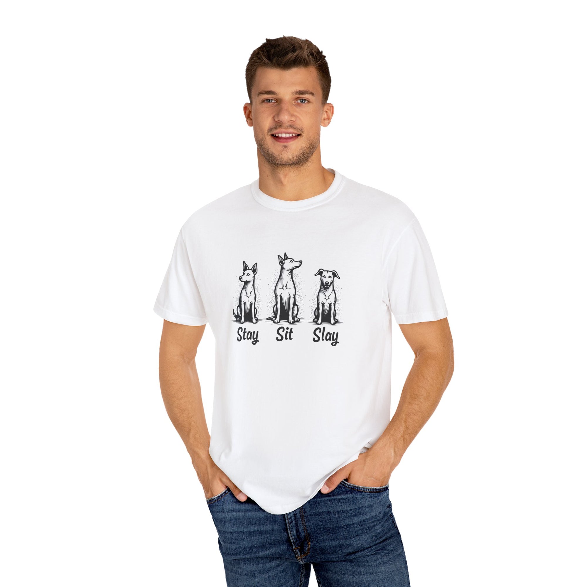 “Stay Sit Slay” Dog Unisex Tee - Motivational Black and White T-Shirt