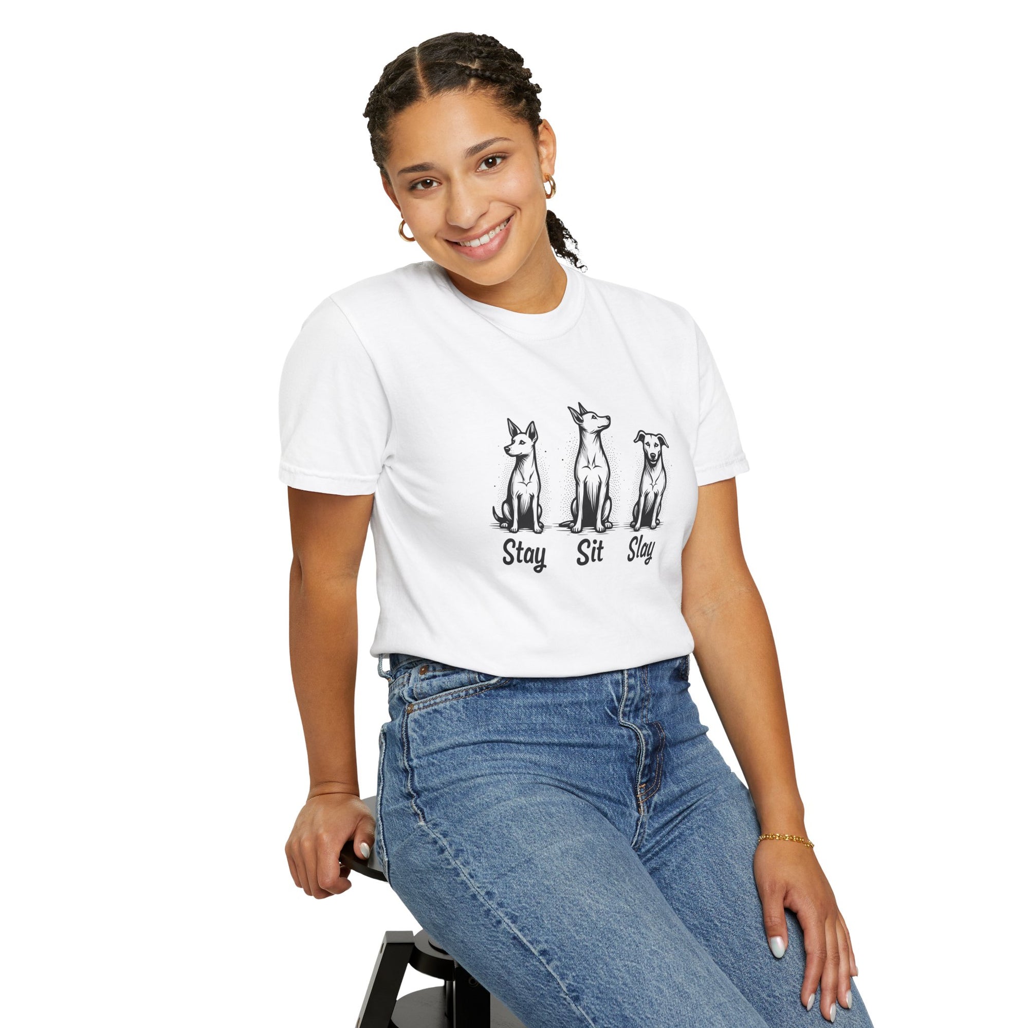 “Stay Sit Slay” Dog Unisex Tee - Motivational Black and White T-Shirt
