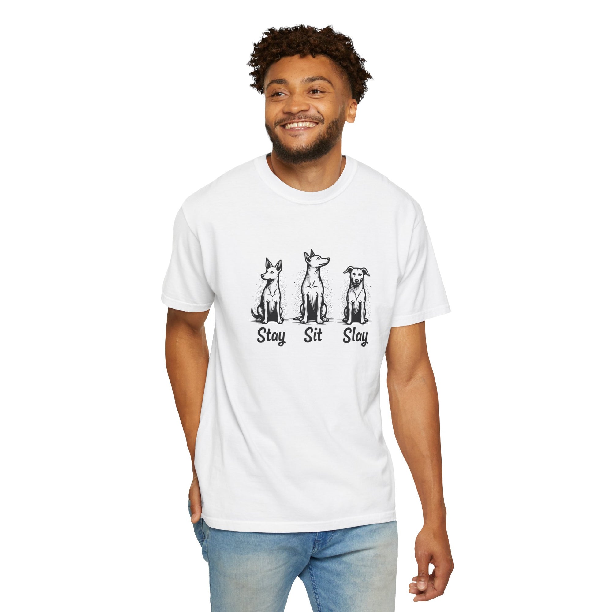 “Stay Sit Slay” Dog Unisex Tee - Motivational Black and White T-Shirt
