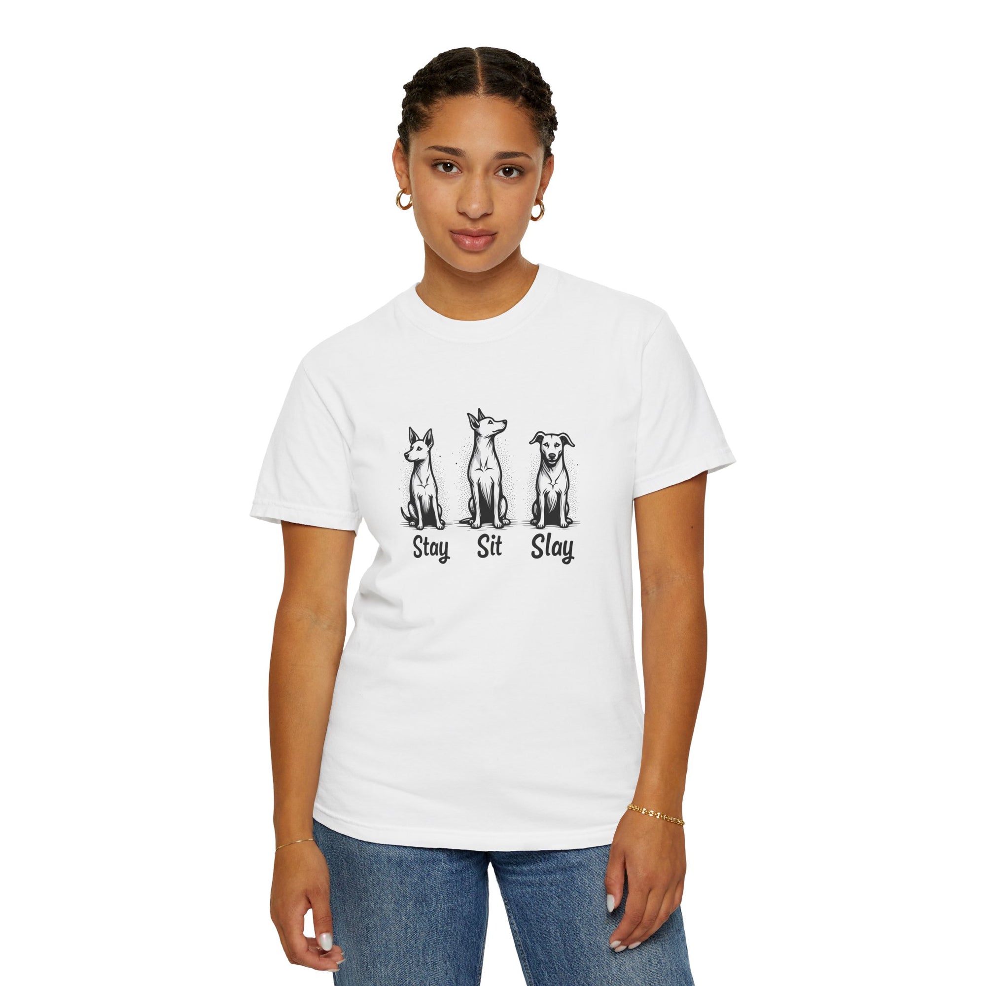 “Stay Sit Slay” Dog Unisex Tee - Motivational Black and White T-Shirt