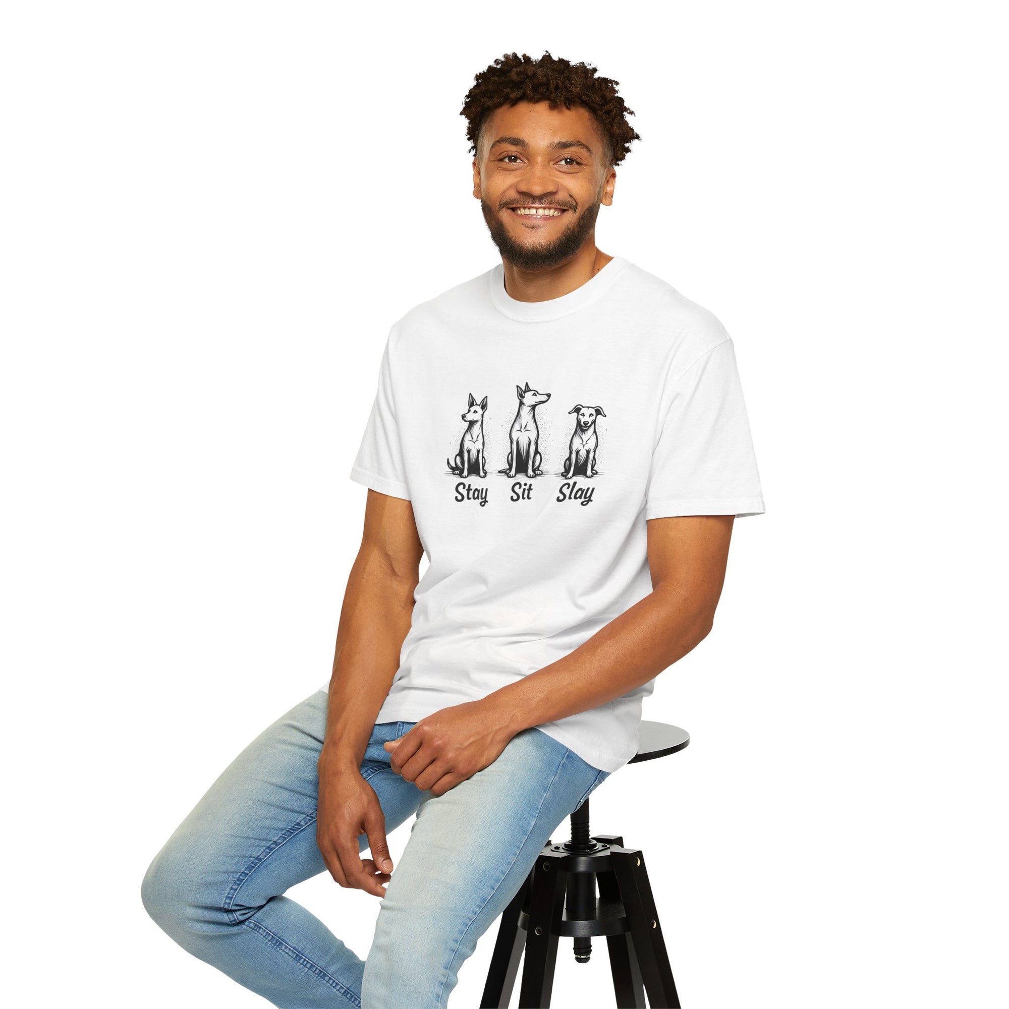 “Stay Sit Slay” Dog Unisex Tee - Motivational Black and White T-Shirt